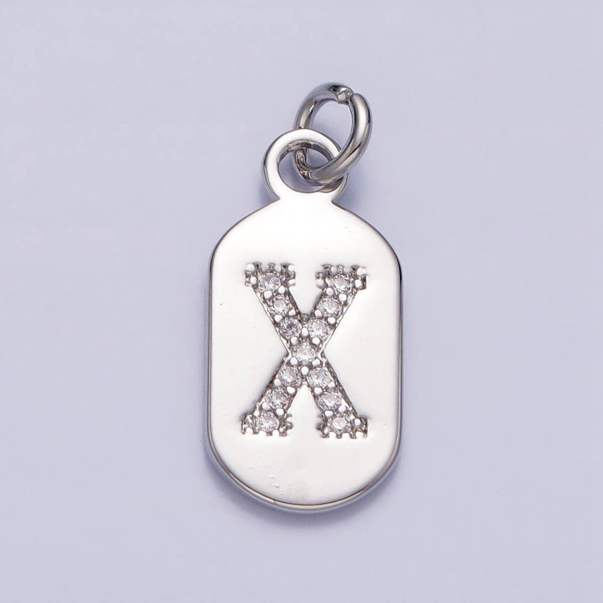 Silver Rectangular Tag CZ Clear Micro Paved Personalized Initial Alphabet Name Tag Charm | A-A1887-A-A1899: ALL INITIAL