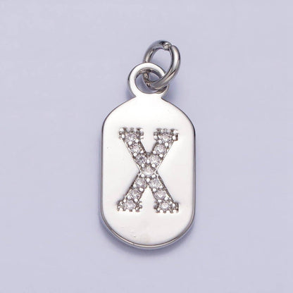 Silver Rectangular Tag CZ Clear Micro Paved Personalized Initial Alphabet Name Tag Charm | A-A1887-A-A1899: ALL INITIAL