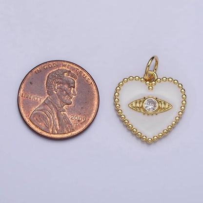 Gold, Silver Evil Eye Clear CZ White Enamel Beaded Heart Charm | AC999 AC1000: Silver
