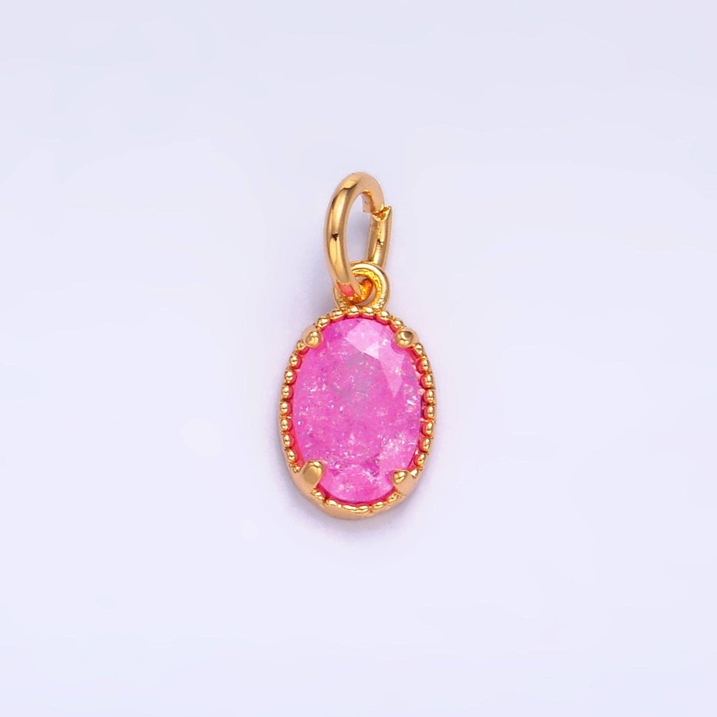 24K Gold Filled Green, Pink, Fuchsia Glitter CZ Oval Charm | W280 W281: Pink