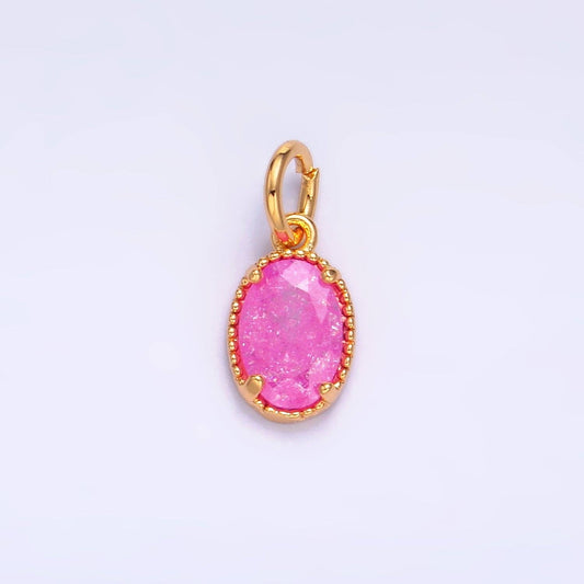 24K Gold Filled Green, Pink, Fuchsia Glitter CZ Oval Charm | W280 W281: Pink