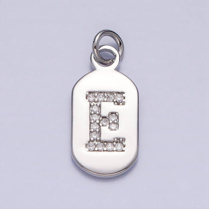 Silver Rectangular Tag CZ Clear Micro Paved Personalized Initial Alphabet Name Tag Charm | A-A1887-A-A1899: ALL INITIAL