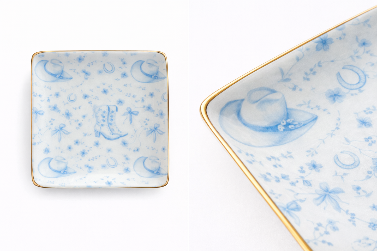Ceramic Jewelry Trinket Tray with Gold Rim – 4” Square Catchall Dish: Cowboy Coquette