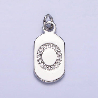 Silver Rectangular Tag CZ Clear Micro Paved Personalized Initial Alphabet Name Tag Charm | A-A1887-A-A1899: ALL INITIAL