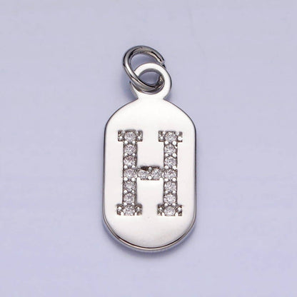 Silver Rectangular Tag CZ Clear Micro Paved Personalized Initial Alphabet Name Tag Charm | A-A1887-A-A1899: ALL INITIAL