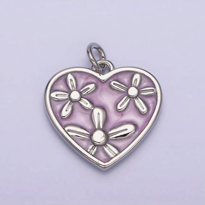 16K Gold Filled Triple Flower White, Pink, Blue Sparkly Enamel Heart Charm | AC1105 - AC1110: Silver / Blue