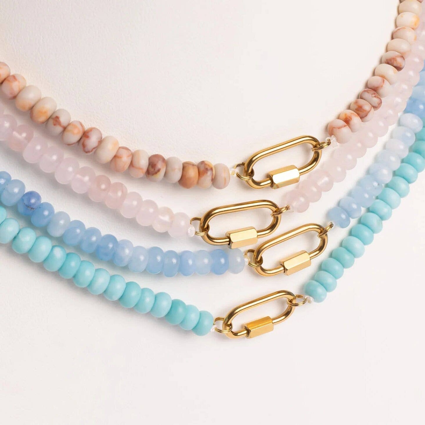 Stainless Steel Pink Chunky Glass Bead Carabiner Necklace: Gold