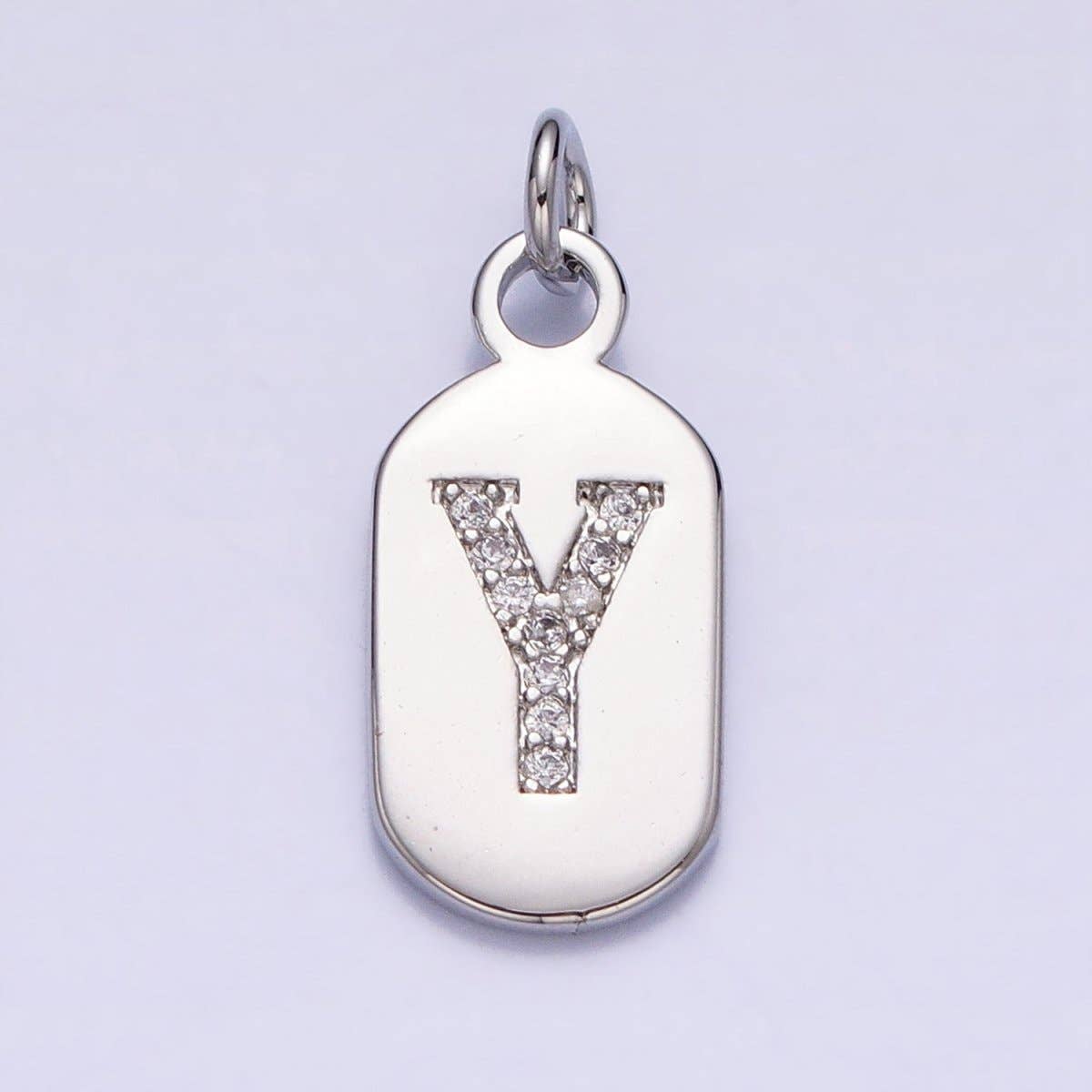 Silver Rectangular Tag CZ Clear Micro Paved Personalized Initial Alphabet Name Tag Charm | A-A1887-A-A1899: ALL INITIAL