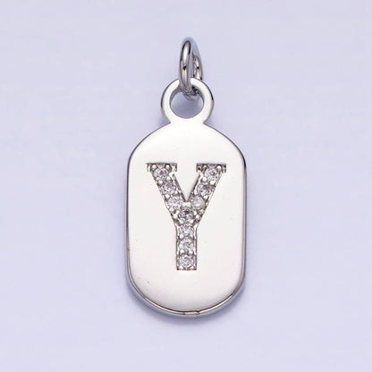 Silver Rectangular Tag CZ Clear Micro Paved Personalized Initial Alphabet Name Tag Charm | A-A1887-A-A1899: ALL INITIAL