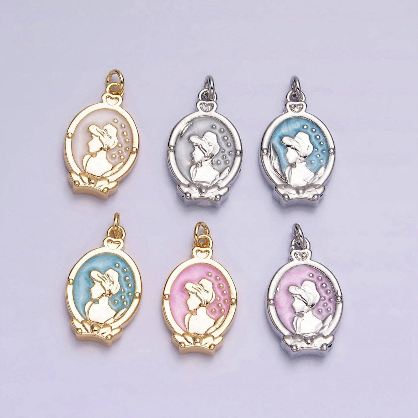 16K Gold Filled Double Sided Cinder Shoe Princess White, Pink, Blue Sparkly Enamel Charm in Gold & Silver | AC1543 - AC1548: Silver / Pink