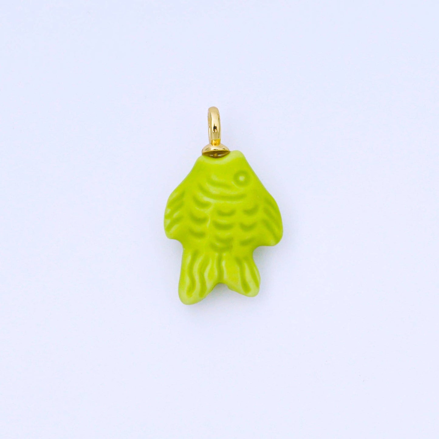 24K Gold Filled 25mm Orange, Red, Yellow, Blue, Green, Teal Fish Ceramic Porcelain Drop Charm | C960 - C963: Green
