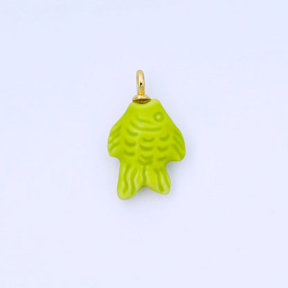 24K Gold Filled 25mm Orange, Red, Yellow, Blue, Green, Teal Fish Ceramic Porcelain Drop Charm | C960 - C963: Green