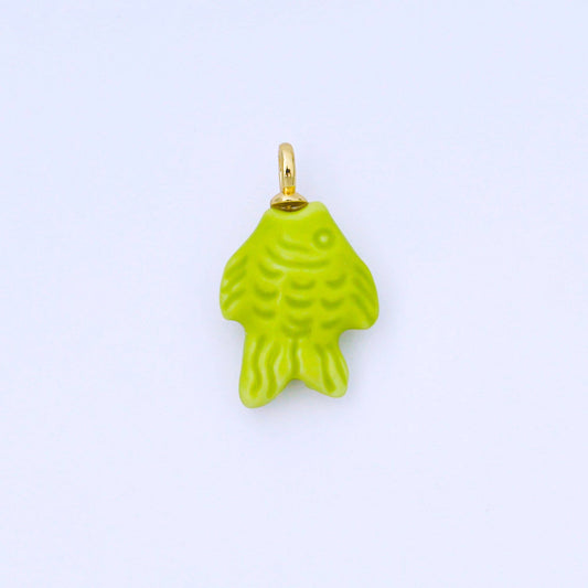 24K Gold Filled 25mm Orange, Red, Yellow, Blue, Green, Teal Fish Ceramic Porcelain Drop Charm | C960 - C963: Green
