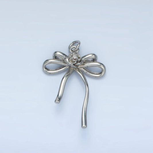 24K Gold Filled Rose Flower Ribbon Bow Multidimensional Charm in Gold & Silver | E373: Silver