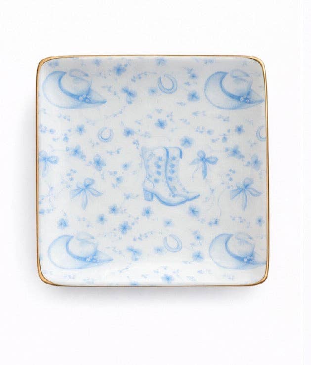 Ceramic Jewelry Trinket Tray with Gold Rim – 4” Square Catchall Dish: Cowboy Coquette