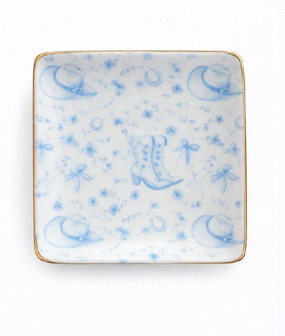 Ceramic Jewelry Trinket Tray with Gold Rim – 4” Square Catchall Dish: Cowboy Coquette