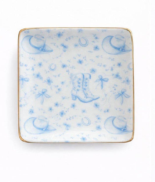 Ceramic Jewelry Trinket Tray with Gold Rim – 4” Square Catchall Dish: Cowboy Coquette