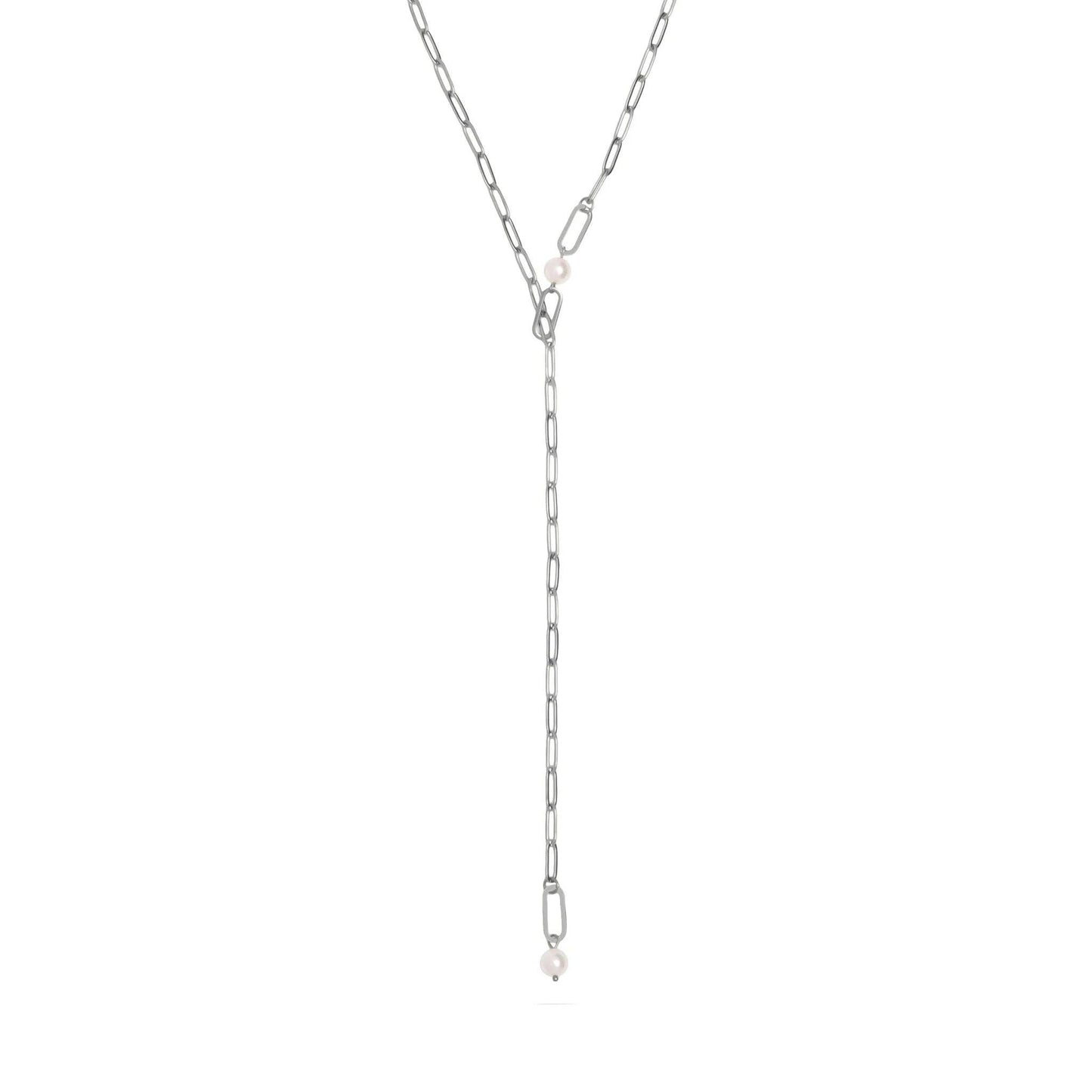 18K Gold PVD Stainless Steel Y Paperclip Necklace with Pearl: Gold