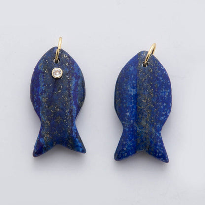 18K Gold Filled 38.8mm Clear CZ Natural Gemstone Fish Charm | D265 - D533: Lapis Lazuli