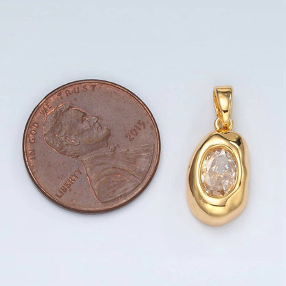 24K Gold Filled Clear CZ Oval Hammered Bezel Pendant | H792