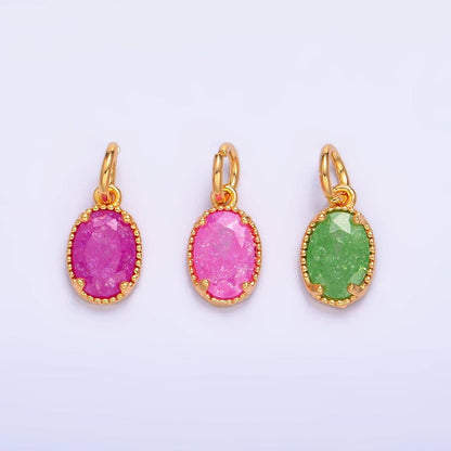 24K Gold Filled Green, Pink, Fuchsia Glitter CZ Oval Charm | W280 W281: Pink