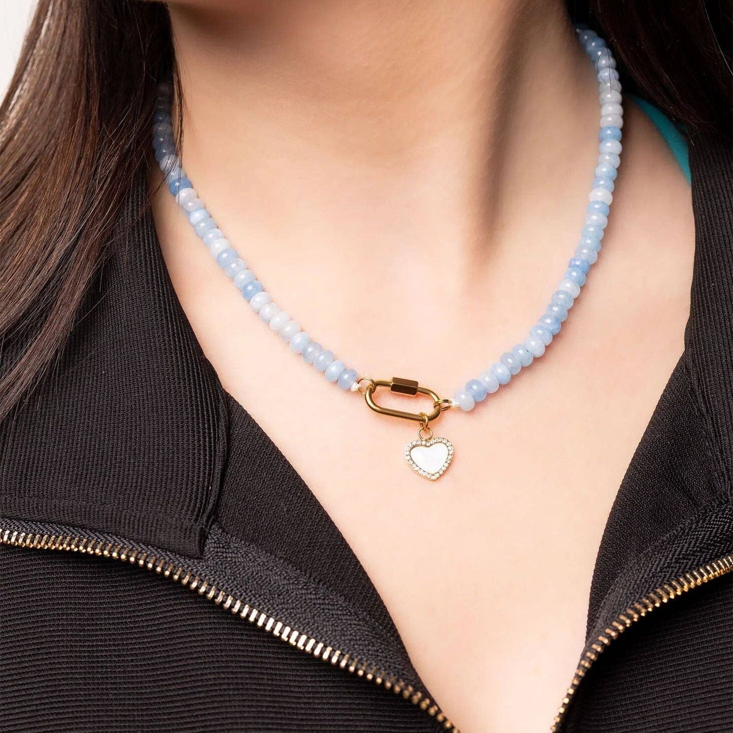 Stainless Steel  Blue Chunky Glass Bead Carabiner Necklace: Gold