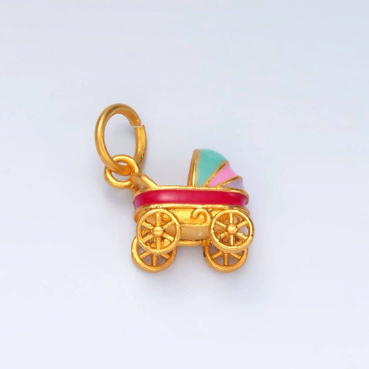 24K Gold Filled Multicolor Enamel Baby Stroller Carriage Mini Charm | M147