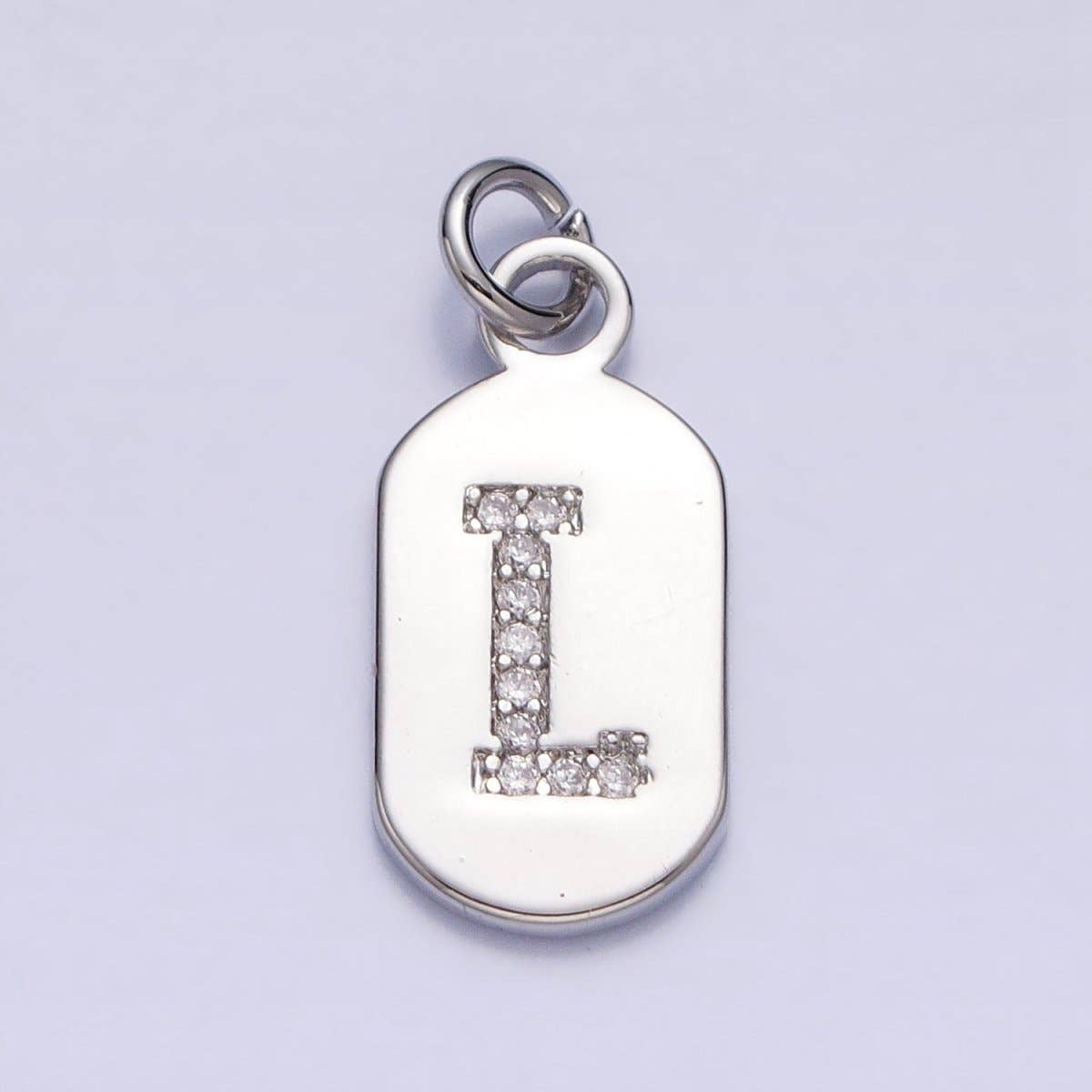 Silver Rectangular Tag CZ Clear Micro Paved Personalized Initial Alphabet Name Tag Charm | A-A1887-A-A1899: ALL INITIAL