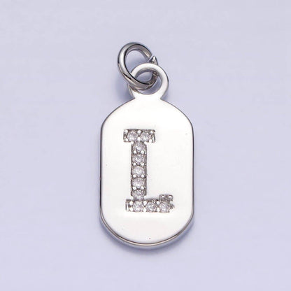 Silver Rectangular Tag CZ Clear Micro Paved Personalized Initial Alphabet Name Tag Charm | A-A1887-A-A1899: ALL INITIAL