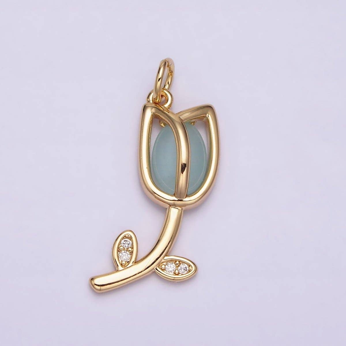 16K Gold Filled Flower Tulip Rose White, Blue, Pink Cat Eye Cabochon Charm in Gold & Silver | AC1073 - AC1078: Blue / Silver