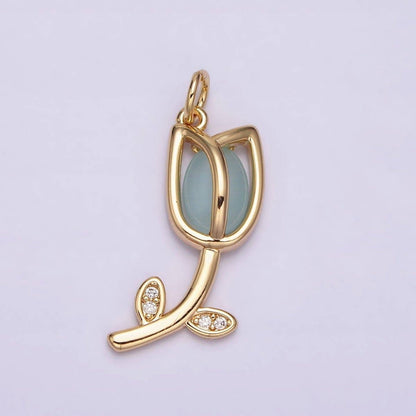 16K Gold Filled Flower Tulip Rose White, Blue, Pink Cat Eye Cabochon Charm in Gold & Silver | AC1073 - AC1078: Blue / Silver