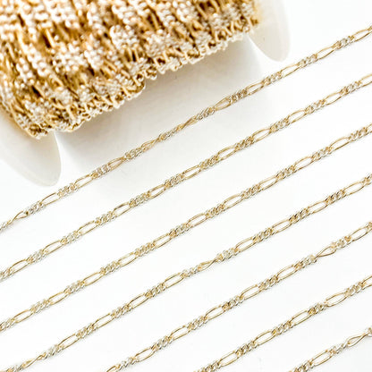 XM/2531CTT. 14k Gold Filled and Sterling Silver 1 Long and 3 Short Link Chain: 1 Ft. / 6.1mm-7mm / Figaro