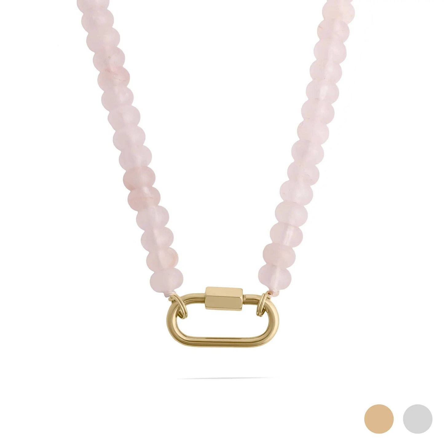 Stainless Steel Pink Chunky Glass Bead Carabiner Necklace: Gold