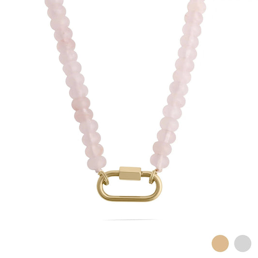 Stainless Steel Pink Chunky Glass Bead Carabiner Necklace: Gold