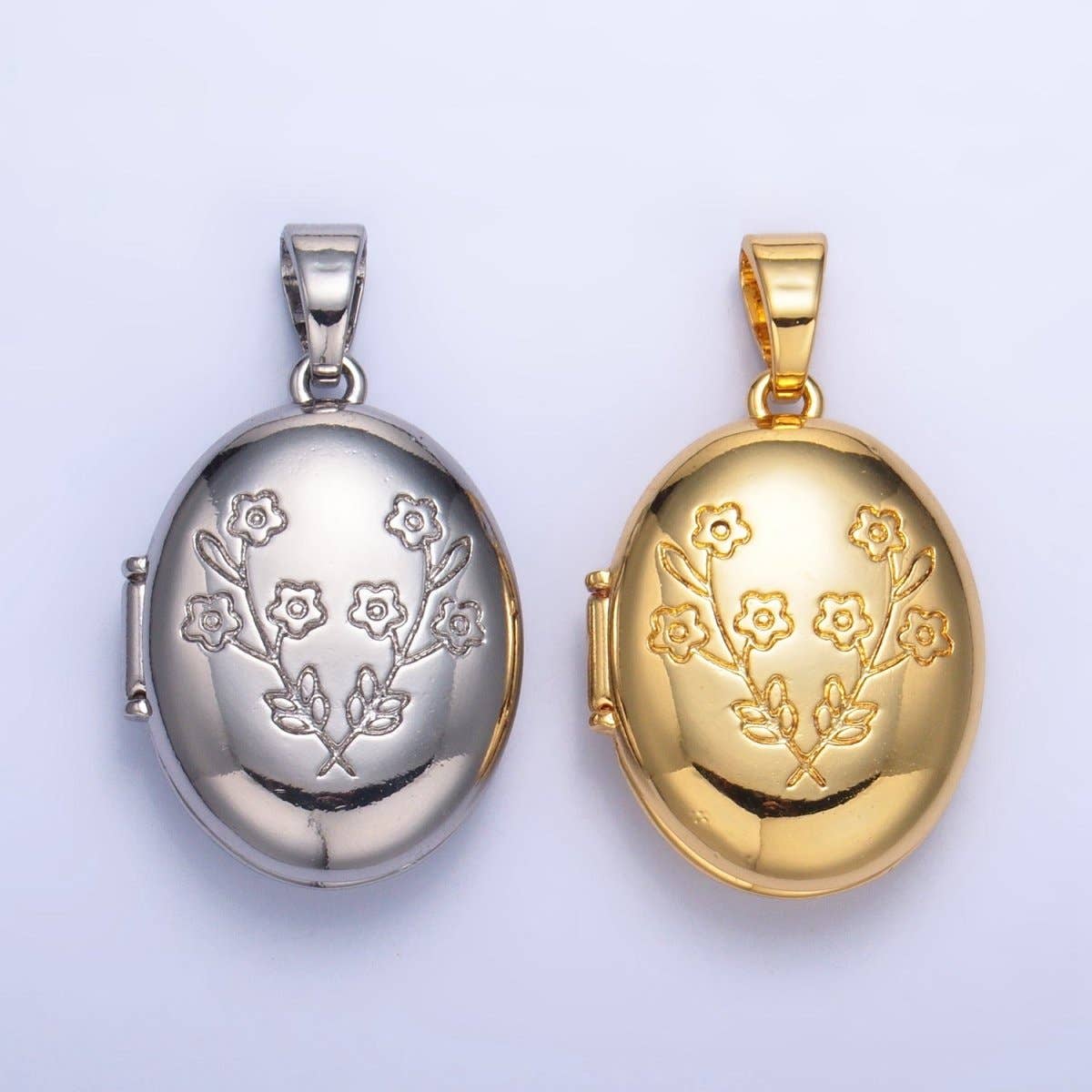 24K Gold Filled Dual Flower Engraved Oval Locket Pendant in Gold & Silver | AA1007: Silver