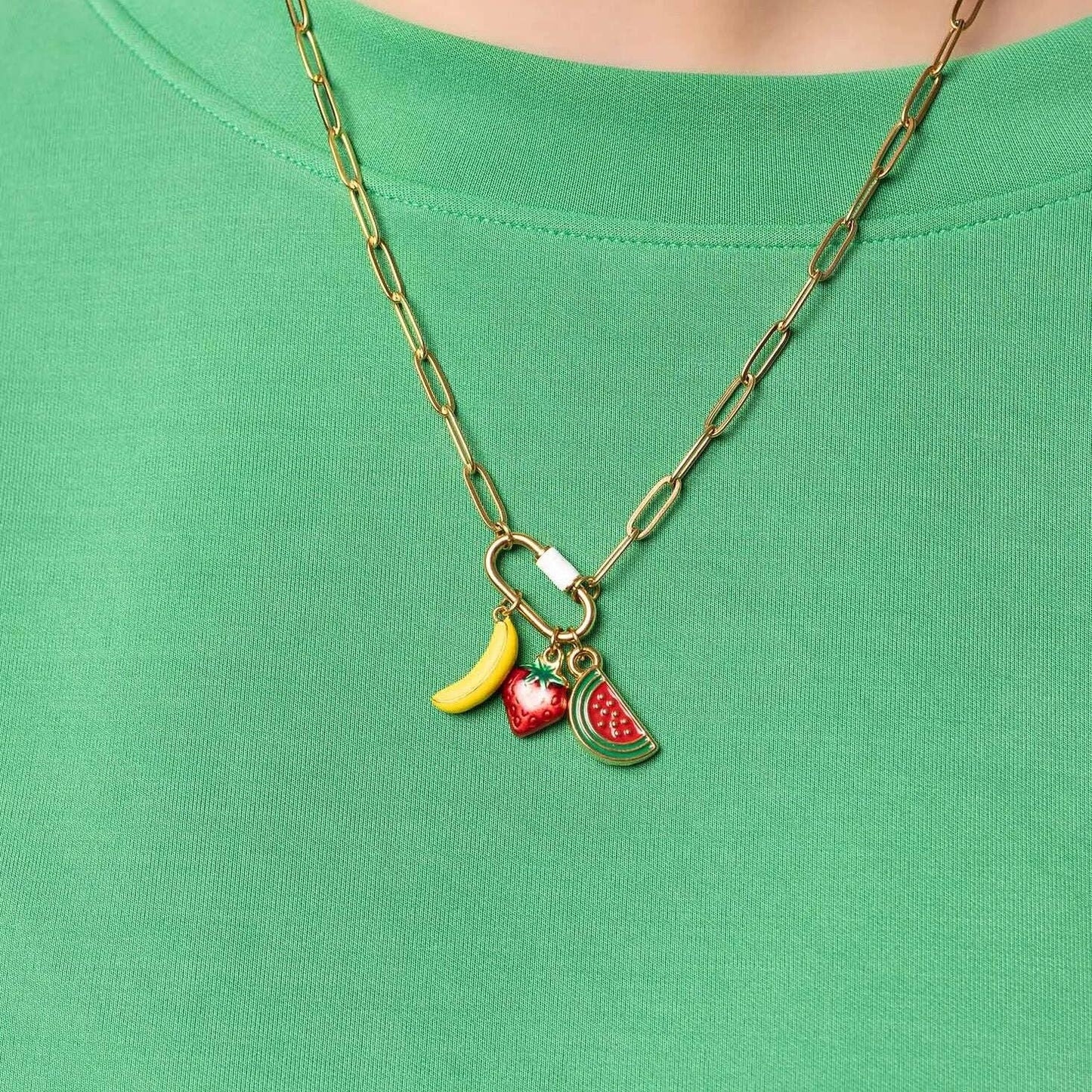 18K Gold PVD Colorful Carabiner Necklace: Green / 18"+2"
